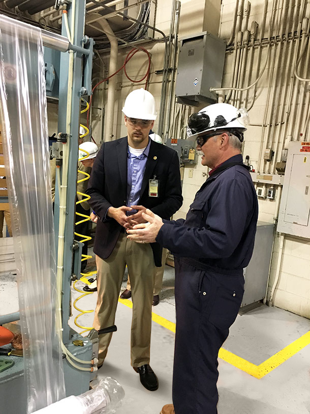 While touring the LyondellBasell Morris Complex, Illinois State Representative David Welter, R-Morris, stopped by the Quality lab where LyondellBasell tests products. Phil Cunningham, Technical Manager spoke to Rep. Welter on the rigorous testing and inspection process LyondellBasell products must meet prior to being shipped to customers. 